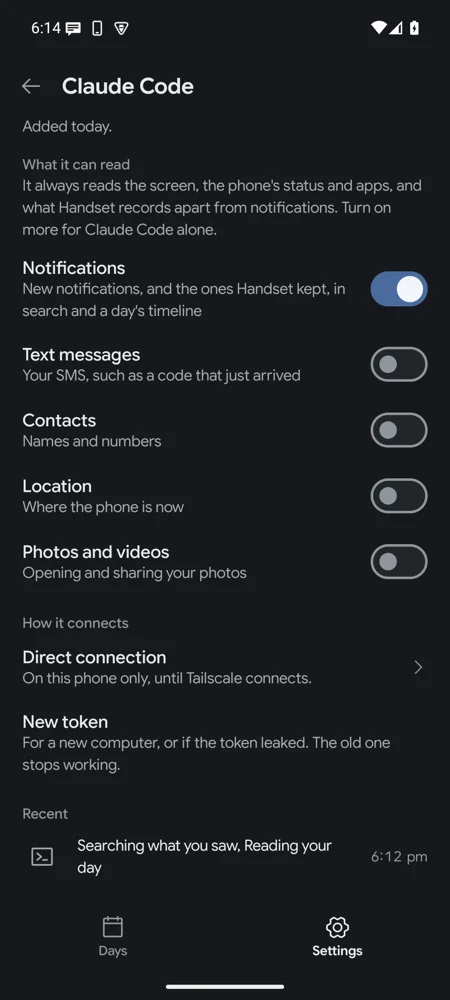 Claude Code’s page: what it can read, with switches for notifications, text messages, contacts, location and photos