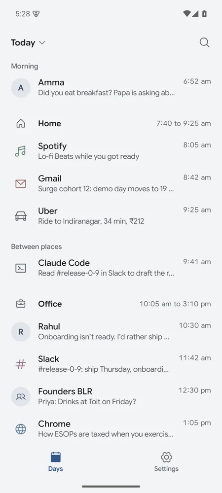 Today in Days: messages, apps and an agent’s steps, each with its time