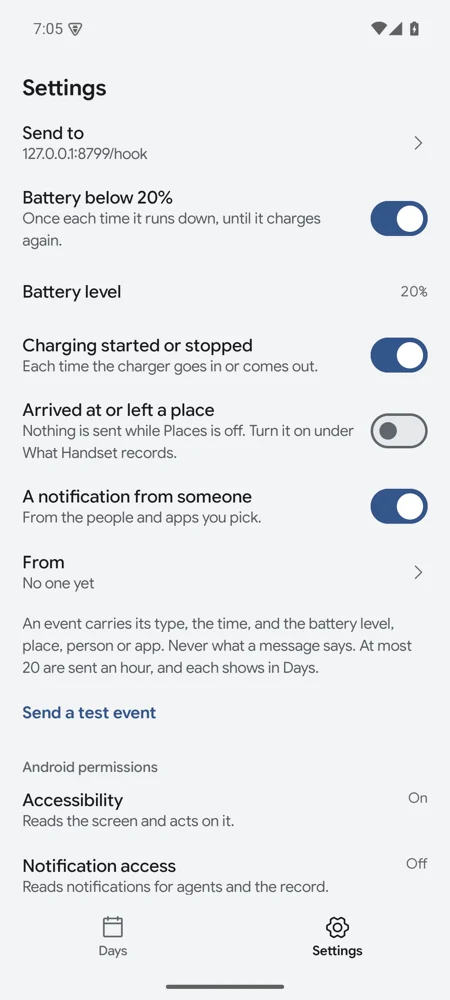Phone events settings: battery below 20%, charging started or stopped, arrived at or left a place, a notification from someone