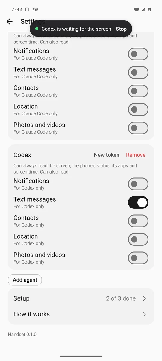 Settings for an agent, with the pill at the top saying Codex is waiting for the screen, and Stop