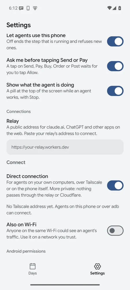 Settings: let agents use this phone, ask me before tapping Send or Pay, show what the agent is doing